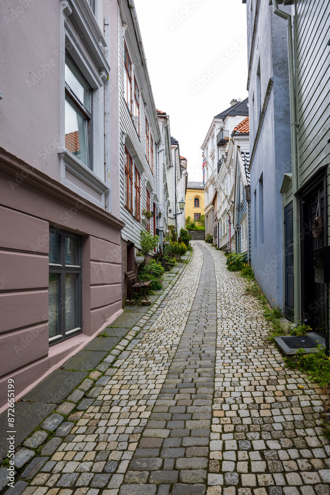 Fototapeta premium Charming alleyway with cobblestone path in old town in Bergen, Norway