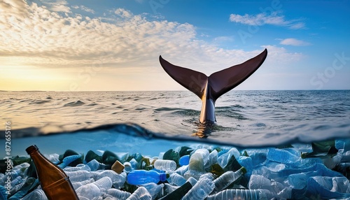 Wallpaper Mural Whale tail on the surface of the sea or ocean with plastic bottles on blue sky background Torontodigital.ca