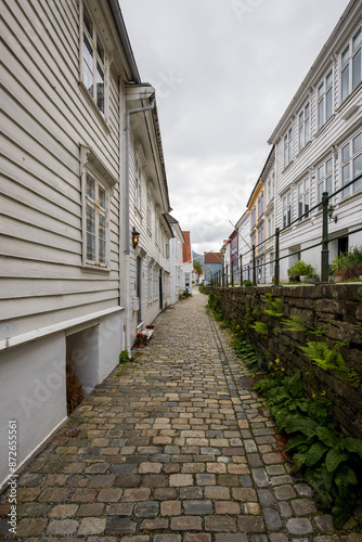 Peaceful old town alley lined with cobblestones in Bergen, Norway