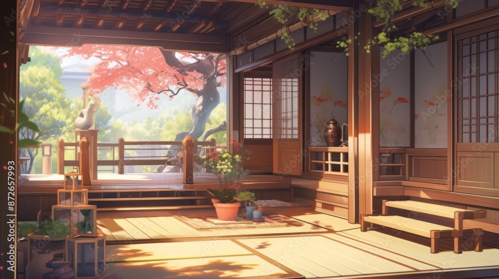 Traditional Japanese house design with wooden walls and sliding doors. Ideal for promoting Japanese-inspired homes, resorts, or travel destinations. Traditional Japanese house design with wooden walls and sliding doors. Ideal for promoting Japanese-inspired homes, resorts, or travel destinations.