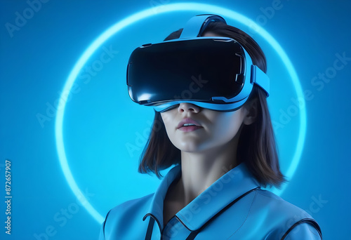 Futuristic virtual reality headset being worn by a female professionals from various industries, exploring new applications of immersive technology for training, design, and collaboration