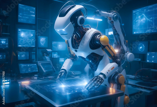 Depict cutting-edge technology in use, such as AI, VR, robotics, or renewable energy sources.