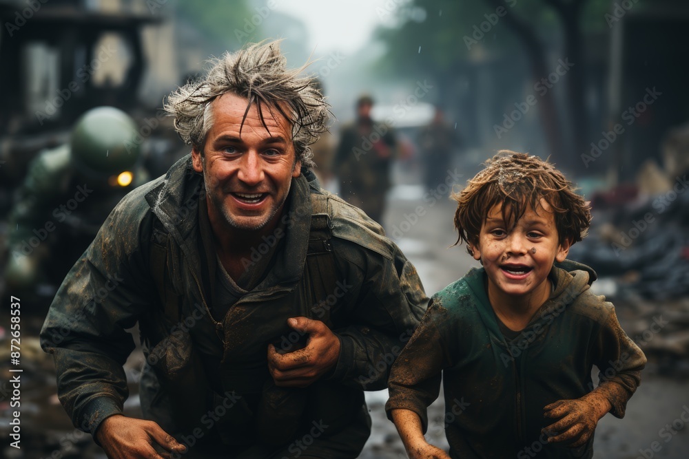 Obraz premium Military personnel firing weapons in urban area as small child runs away in fear