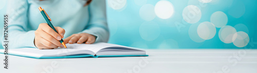 A person writes in a notebook with a blue background.