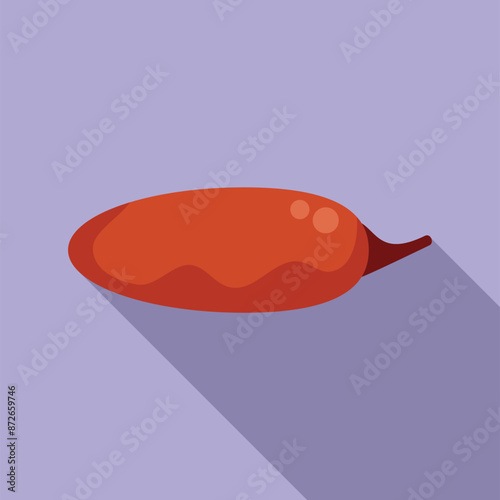 Single red habanero chili pepper lying horizontally with a long shadow on a purple background