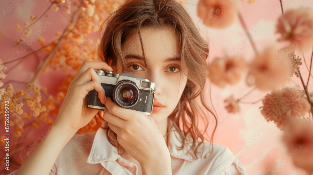 Naturally beautiful girl holds a camera, World Photography Day Concept