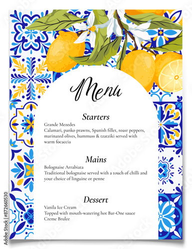 Blue tiles and lemons summer wedding card menu.
