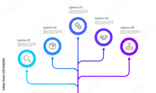 Business infographic with five options for making business decisions. Work processes, marketing, planning, timelines, and annual reports. Vector illustration.