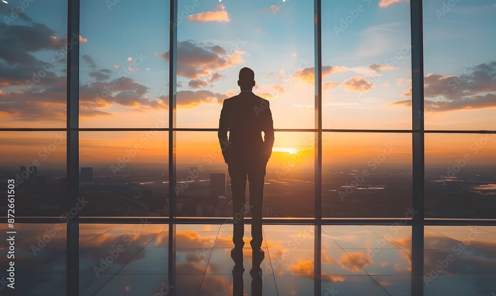 business professional standing in front of large windows with a sunset Generative AI