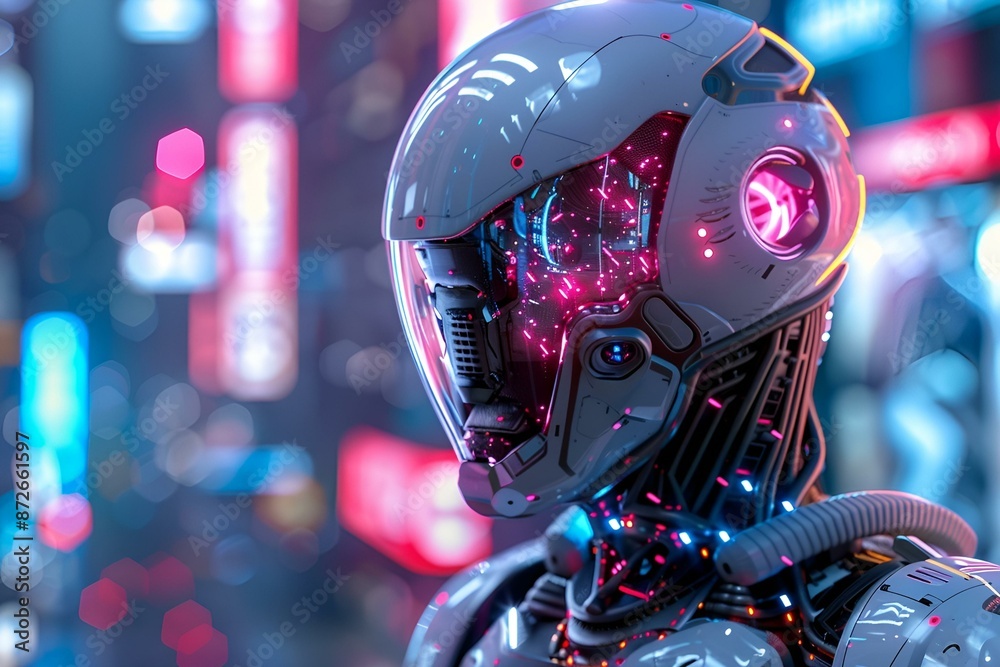 A robot walking through a neon-lit futuristic city. A robot walking through a neon-lit futuristic city.