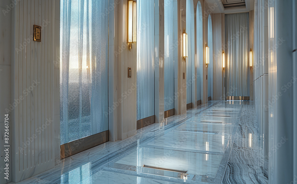 Floor grille in front of Urinals with white marble floor. Interior of a 5 star luxury hotel men's restroom. Generative AI. Floor grille in front of Urinals with white marble floor. Interior of a 5 star luxury hotel men's restroom. Generative AI.