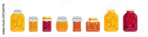 set of jars with jam and compote in a flat cartoon style isolated on a white background. stock vector illustration. EPS 10.