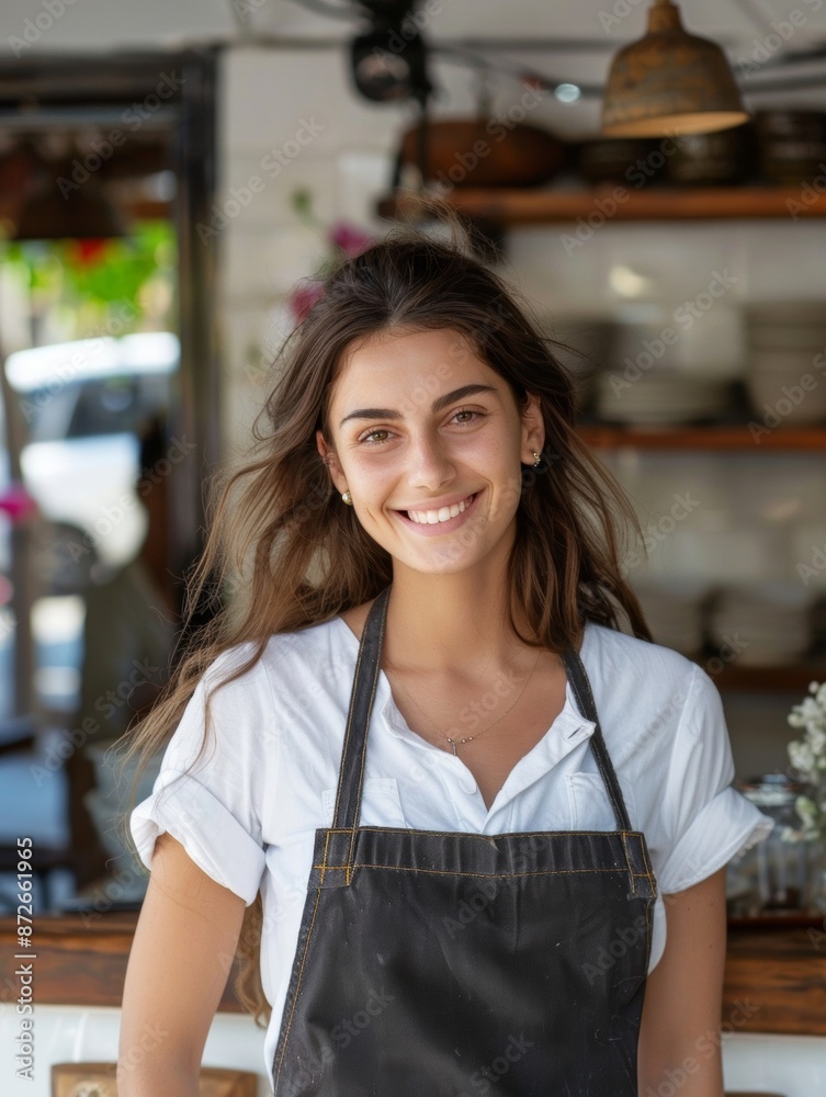 A cheerful young woman wearing an apron stands proudly in front of her restaurant. A cheerful young woman wearing an apron stands proudly in front of her restaurant.