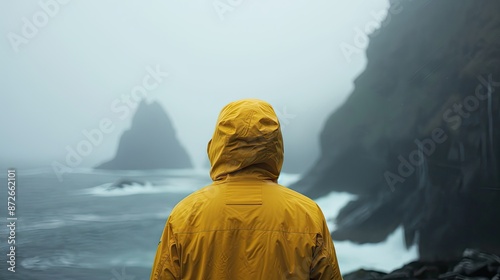 A woman in a yellow sweater and red hat stands in the center alone, looking at the foggy sea and the blurred rocky mountains. Gives a feeling of solitude,