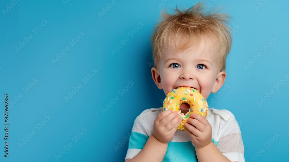 A young boy is holding a doughnut in his hand and smiling. Concept of innocence and joy, as the child enjoys a simple pleasure in life A young boy is holding a doughnut in his hand and smiling. Concept of innocence and joy, as the child enjoys a simple pleasure in life