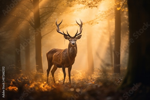 Majestic stag in sunlit autumn forest © robertuzhbt89