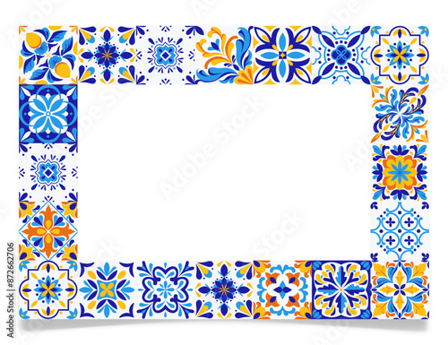 Frame with blue tiles, mediterranean style, vector