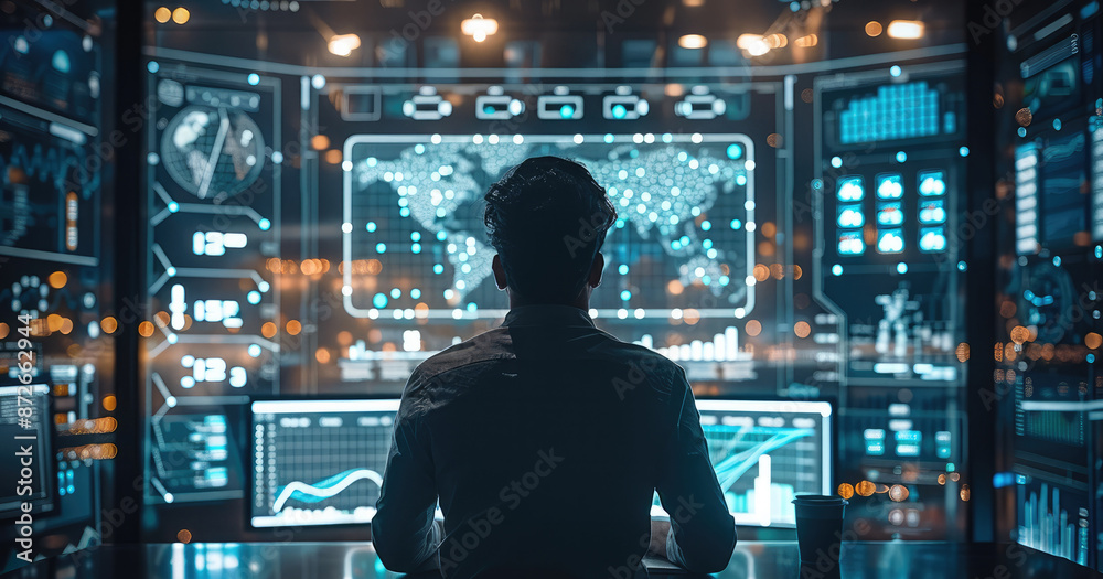 Man in Internet office, Future technology, 5G technology, technology-based mobile interface, information technology, data chart. Generative AI. Man in Internet office, Future technology, 5G technology, technology-based mobile interface, information technology, data chart. Generative AI.