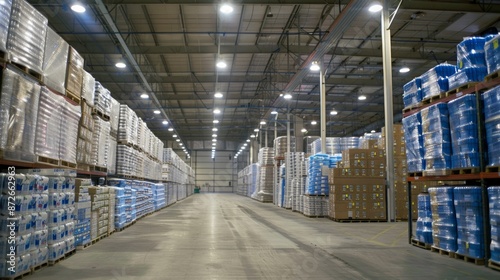 A contemporary warehouse stacked with merchandise under fluorescent lights, showcasing the efficiency of modern inventory management, photography style
