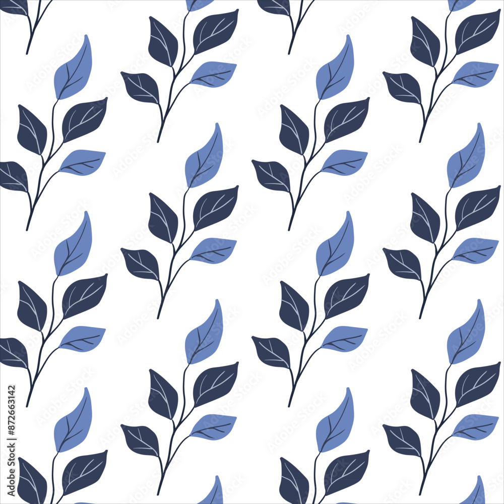 Seamless pattern. Simple Plant. Simple blue foliage on a white background. Ornament in Scandinavian style. Hand drown. Flat vector illustration Seamless pattern. Simple Plant. Simple blue foliage on a white background. Ornament in Scandinavian style. Hand drown. Flat vector illustration