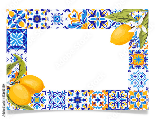 Frame with blue tiles and lemon branches, vector.