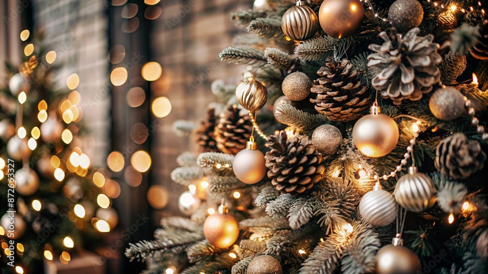 Close-up shot of beautifully decorated Christmas tree with lights, ornaments, pinecones, and festive holiday decor in a warm ambiance. Close-up shot of beautifully decorated Christmas tree with lights, ornaments, pinecones, and festive holiday decor in a warm ambiance.