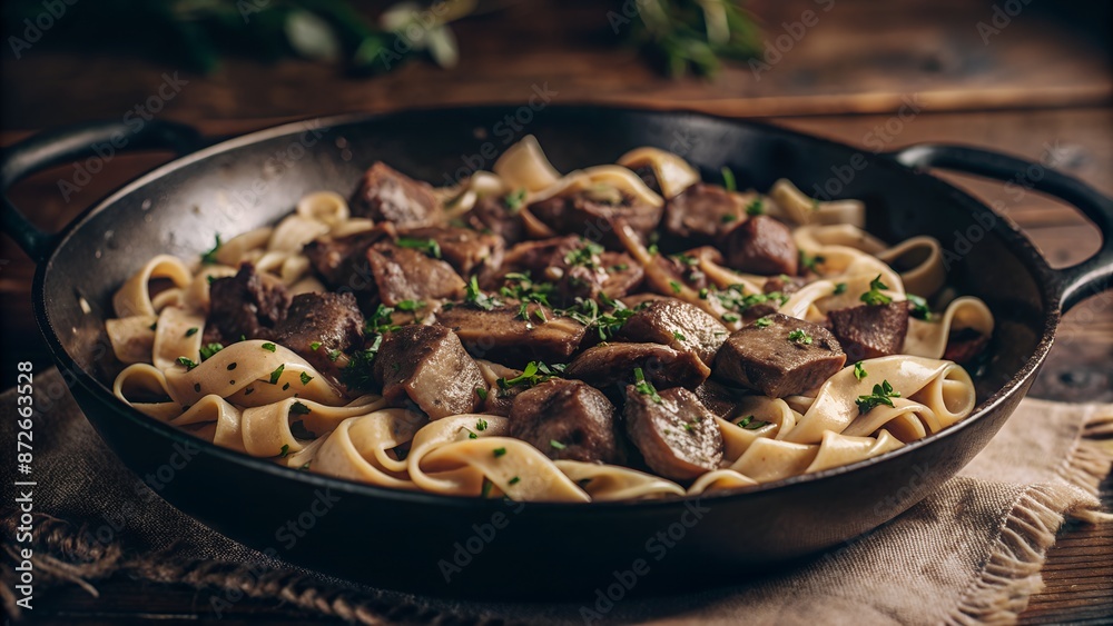Delicious mushroom pasta in a skillet with fresh herbs, perfect for a cozy dinner. Rustic wooden background adds warmth. Delicious mushroom pasta in a skillet with fresh herbs, perfect for a cozy dinner. Rustic wooden background adds warmth.