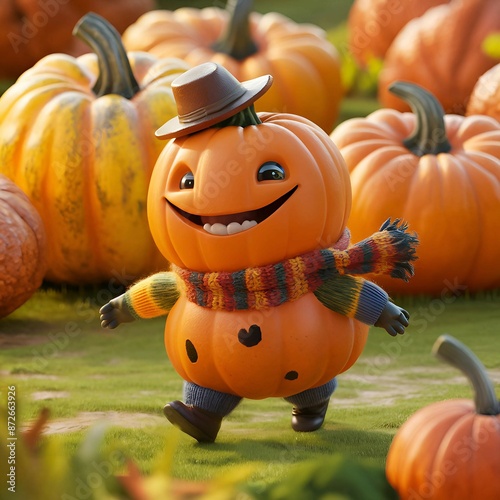 pumpkin character wearing Halloween beani hat and scarf on green grass. photo