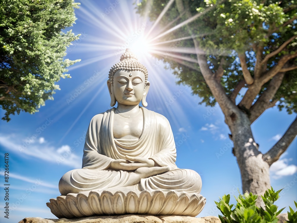 Peaceful Buddha statue with radiant sunlight overhead, surrounded by lush greenery and a clear blue sky, symbolizing serenity and enlightenment. Peaceful Buddha statue with radiant sunlight overhead, surrounded by lush greenery and a clear blue sky, symbolizing serenity and enlightenment.