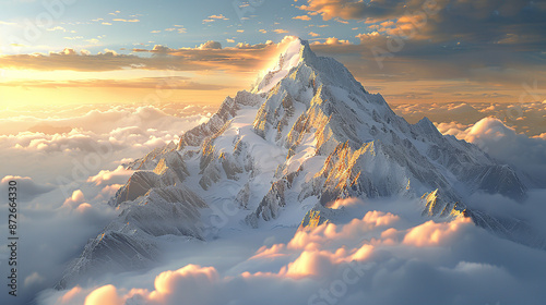 A majestic mountain peak towering above the clouds, bathed in golden sunlight with a soft mist rising from its base photo