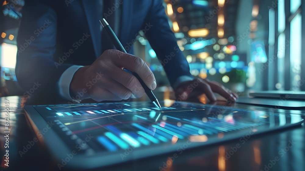 Business professional using a stylus on a tablet with financial charts. Modern office setting with blue lighting and technology focus. Business professional using a stylus on a tablet with financial charts. Modern office setting with blue lighting and technology focus.