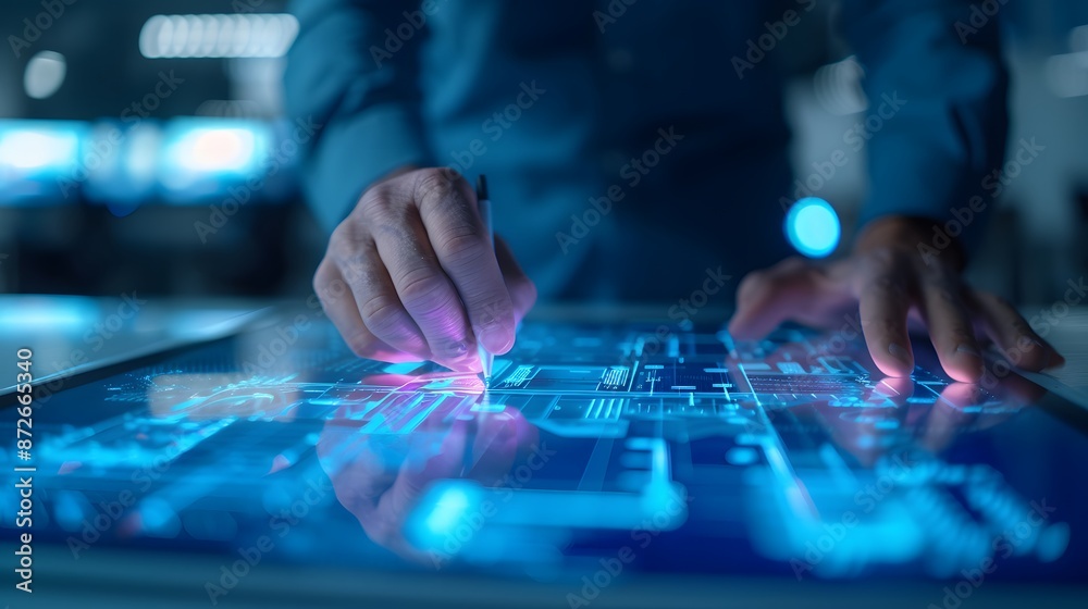 Close-up of hands using futuristic touchscreen device with digital interface in high-tech environment for innovative technology solutions. Close-up of hands using futuristic touchscreen device with digital interface in high-tech environment for innovative technology solutions.