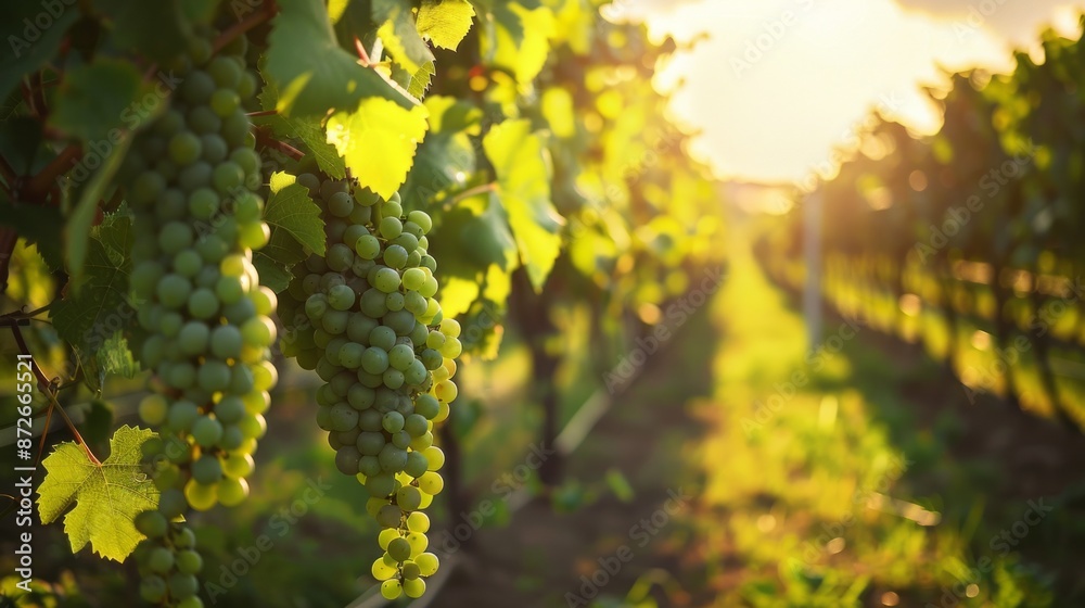 Fototapeta premium Beautiful scenery of green grape farm, the sun is shining