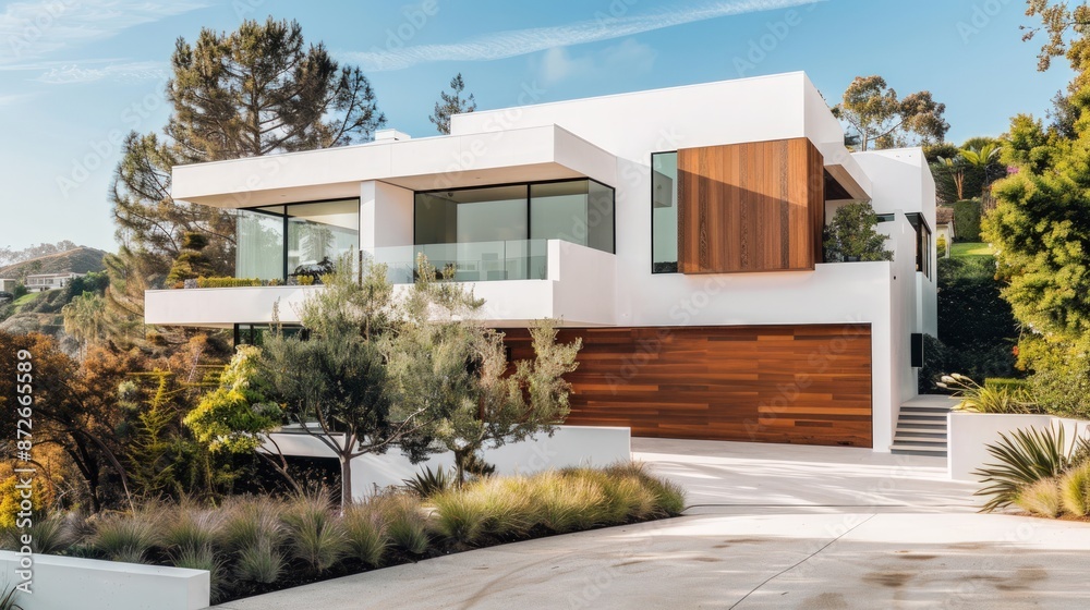 Fototapeta premium A large white house with a large driveway and a black garage. Generate AI