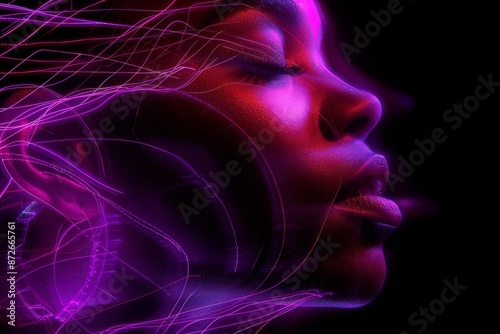 Abstract profile portrait of a woman with vibrant pink and purple lines capturing a sense of motion and fluidity modern digital art © Leo