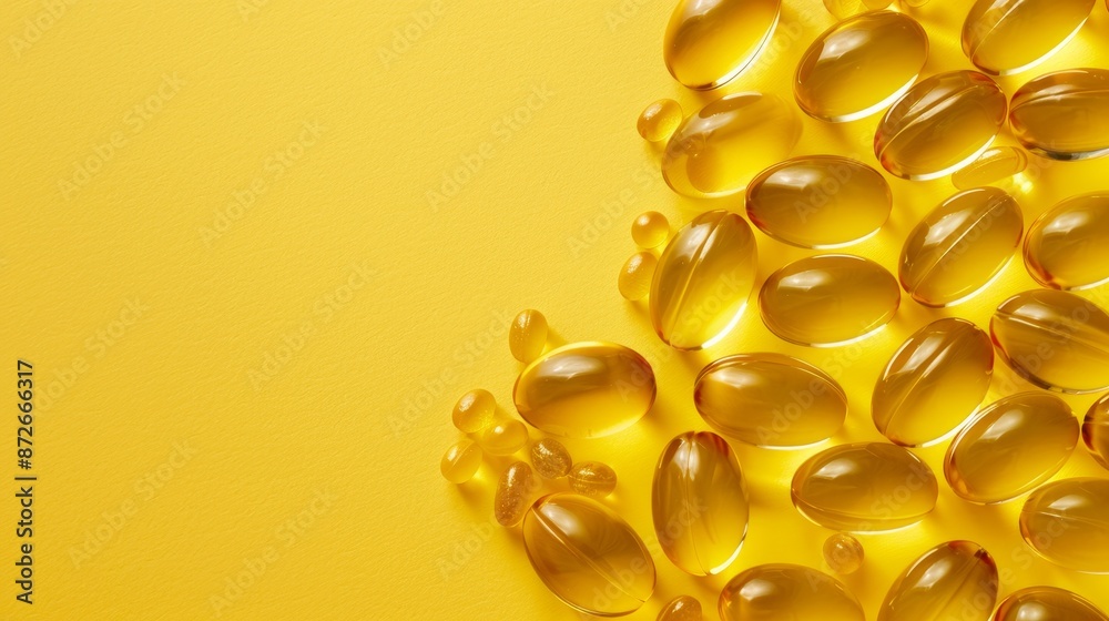 Fototapeta premium Top view of Omega-3 fish oil capsules and Vitamin D3 capsules on a yellow background, dietary supplements advertising, isolated background, studio lighting