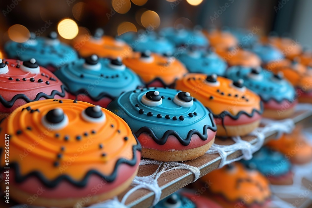 cookies with eyes for Halloween on blurred background. sweet snacks, themed party food. cookies with eyes for Halloween on blurred background. sweet snacks, themed party food.