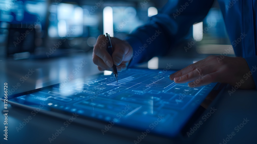 Engineer uses digital pen on futuristic tablet, working on high-tech interface in a modern office, focusing on development and innovation. Engineer uses digital pen on futuristic tablet, working on high-tech interface in a modern office, focusing on development and innovation.