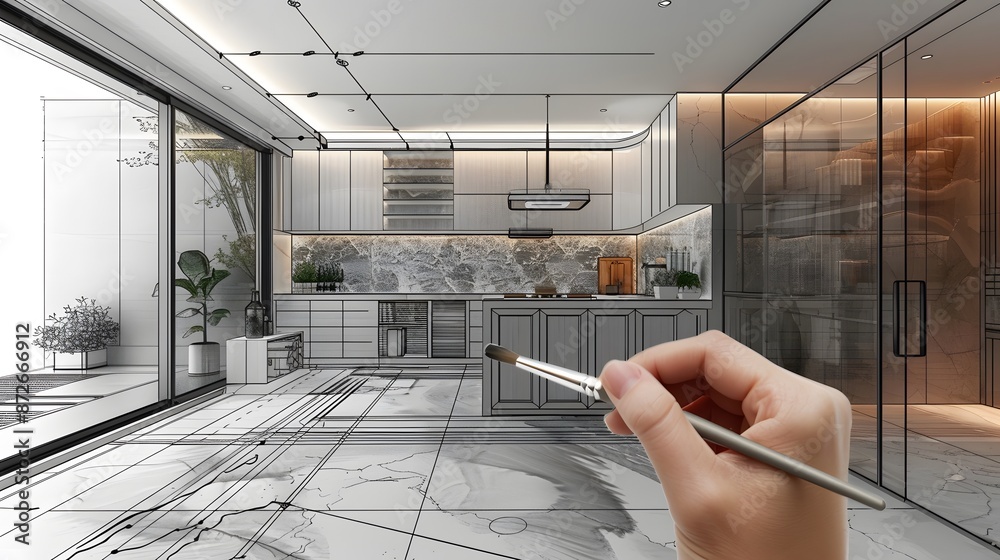 Hand drawing a modern kitchen design concept, merging sketch and real ...