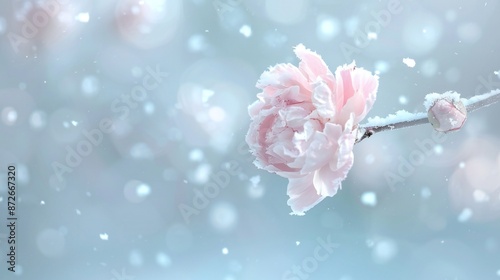 Pink peony bloom on a frosty branch, snowflakes dancing in the air against a tranquil winter scene, soft-focus background enhancing its luxurious petals.