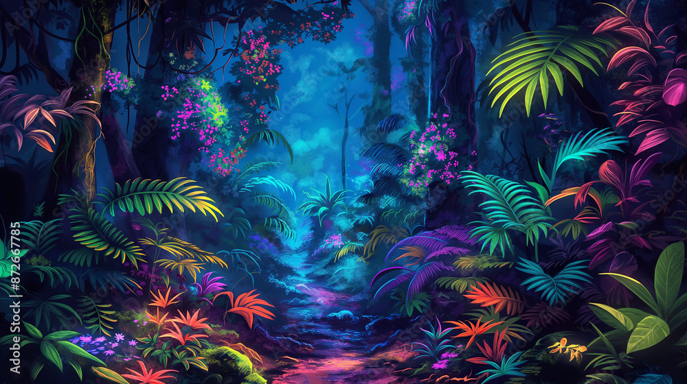 Obraz premium A vibrant digital painting of an enchanted rainforest, with colorful flora and fauna. The dense forest is filled with towering trees, lush greenery, exotic plants, and glowing flowers in neon colors