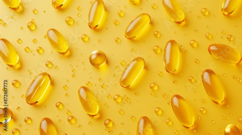 Yellow background with Omega-3 fish oil and Vitamin D3 capsules, isolated and studio-lit for a professional supplement ad, top view