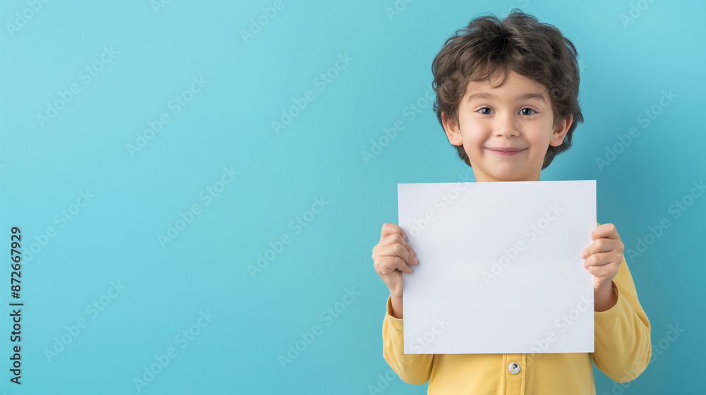 Boy holding a white blank paper sheet, isolated on a blue background Boy holding a white blank paper sheet, isolated on a blue background