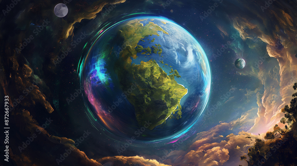 Obraz premium Earth globe, plash art league of legends style, inside there is an island with forest and mountains, colorful nebula around the sphere