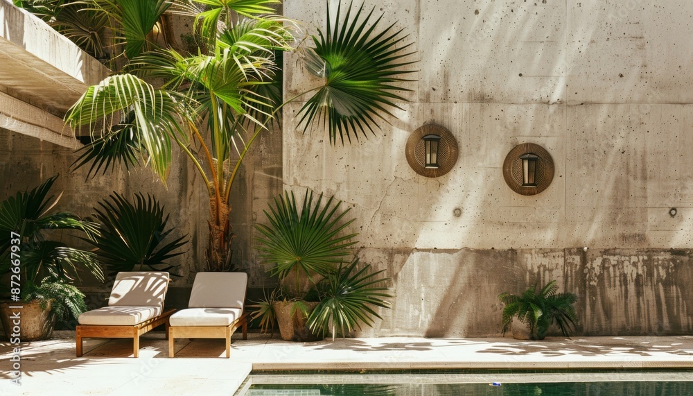 Fototapeta premium Luxurious hotel interior design, with limestone and concrete accents, nature aesthetic, tropical