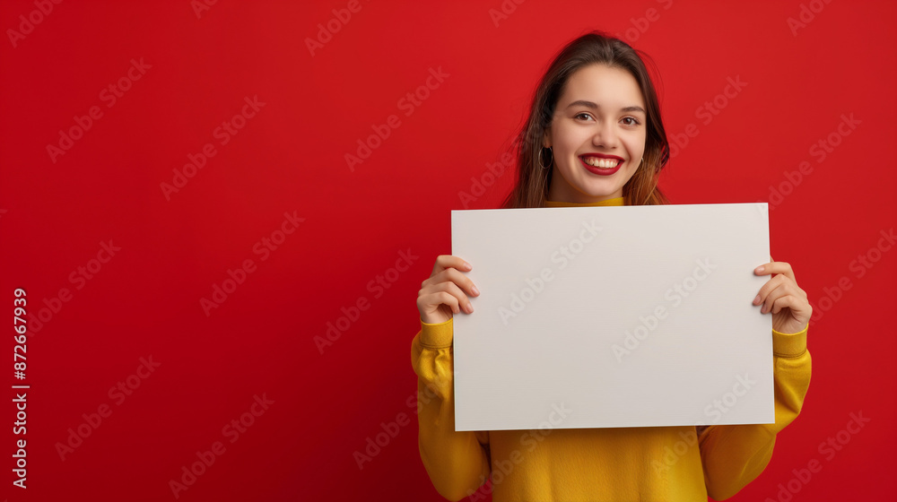 Portrait of excited young woman holding white blank banner isolated on red background, advertising concept Portrait of excited young woman holding white blank banner isolated on red background, advertising concept