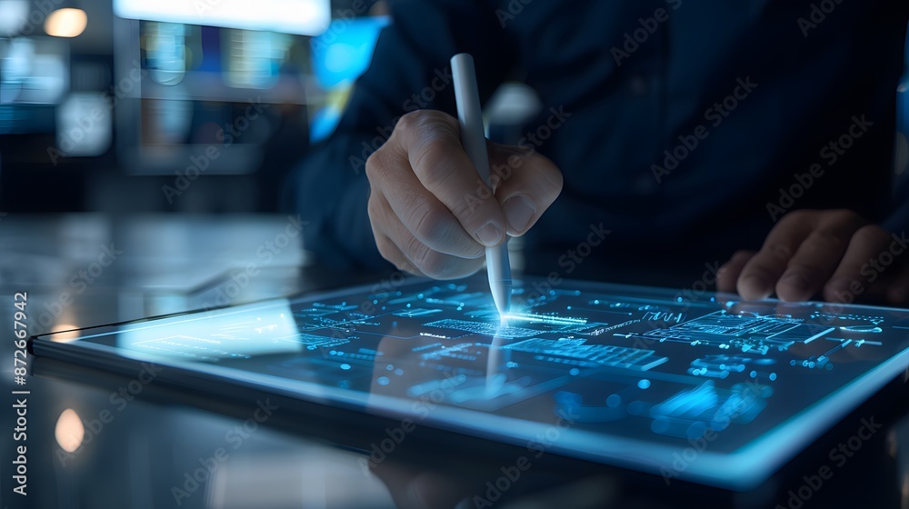 Person using a stylus on a digital tablet with hologram interface in a modern office setting. High-tech concept. Person using a stylus on a digital tablet with hologram interface in a modern office setting. High-tech concept.