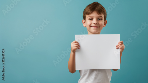 Happy boy holding a white blank paper sheet, isolated on a blue background, in a pastel color theme mockup