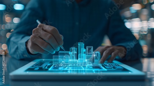 Person using stylus on tablet to design digital cityscape. Futuristic technology concept for architecture, engineering, or urban planning.