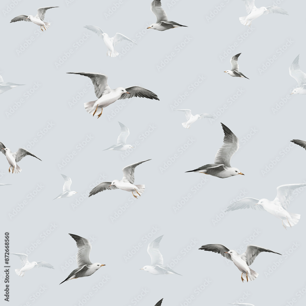 Obraz premium Seamless textured pattern and background with flying realistic watercolor seagulls. seamless background with birds